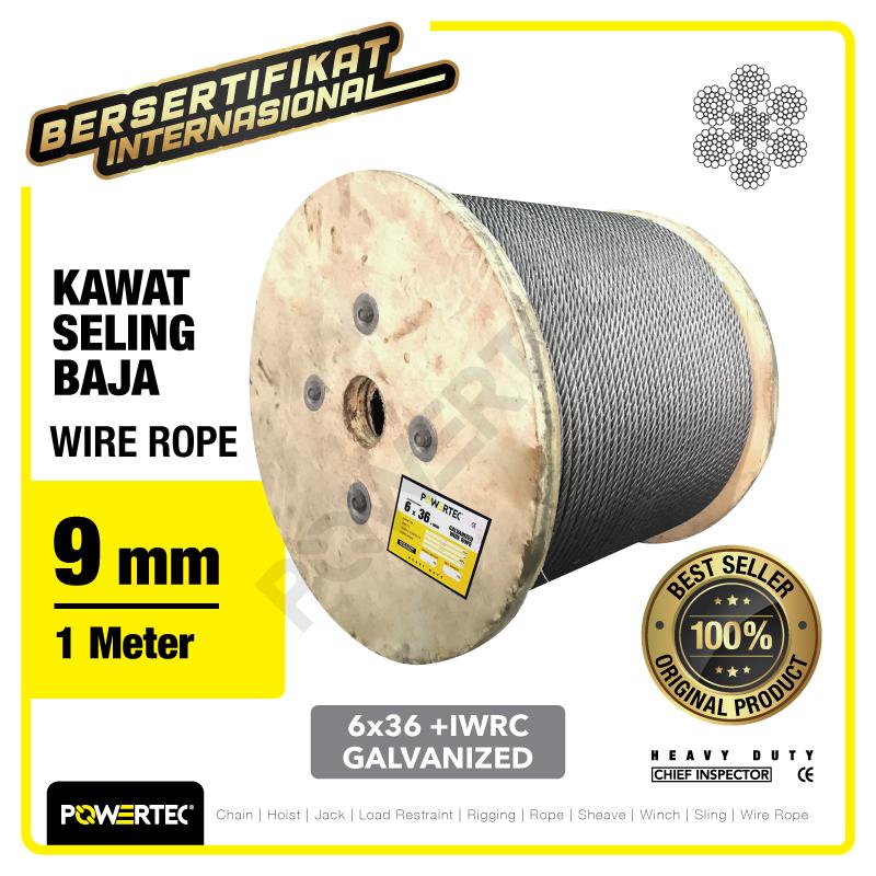 Wire Rope / Kawat Seling Baja 6x36 IWRC 9mm Galv POWERTEC - 1 Meter