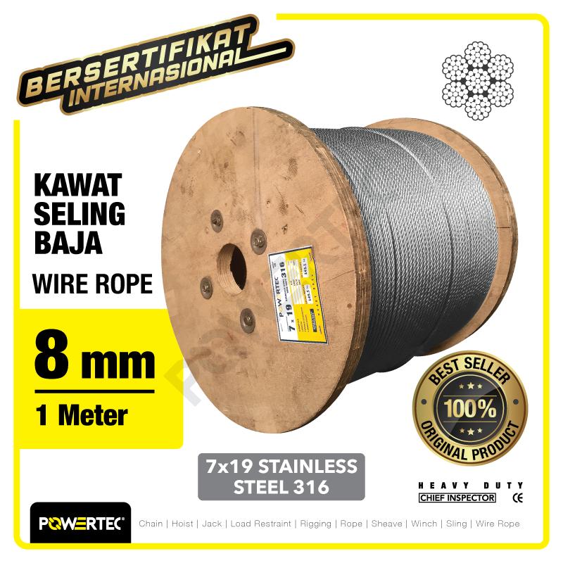Wire Rope / Kawat Seling Baja 7x19 SS 316 8mm POWERTEC - 1 Meter