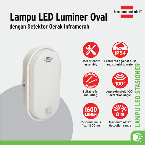 Lampu Sorot dengan Pendeteksi Infrared Brennenstuhl LED oval luminaire OL 1600 P w/ infrared motion detector/ Lampu Penerangan