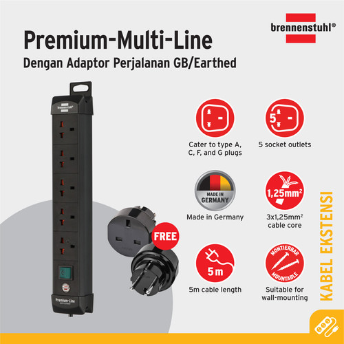 Stop Kontak Kabel Ekstensi Terminal Listrik 5 Lubang Colokan Universal Brennenstuhl Premium Multi Line 5 socket 5m Hitam / Colokan Listrik 5 meter dengan switch