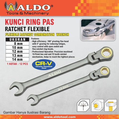 KUNCI RING PAS RATCHET FLEXIBLE UKURAN : 17 - 19 MM MERK ALDO