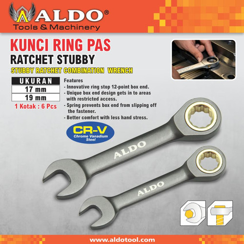 KUNCI RING PAS RATCHET STUBBY UKURAN : 17 - 19 MM MERK ALDO