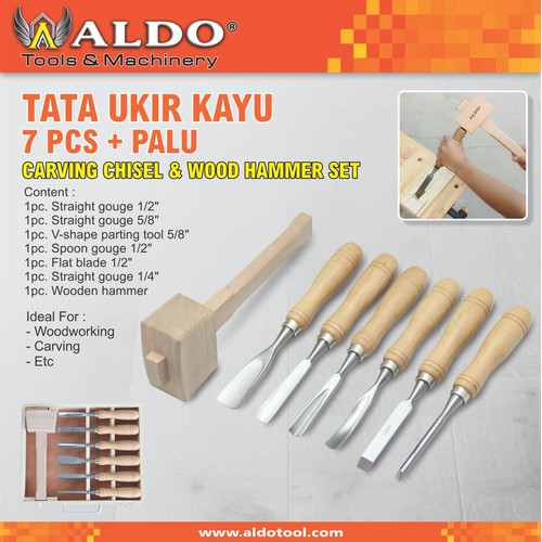TATA UKIR KAYU 7 PCS + PALU / ALAT PAHAT MANUAL + PALU MERK ALDO