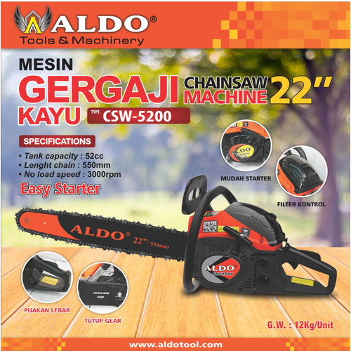 Mesin Gergaji Kayu Chainsaw Machine 22" Type : 5200 Merk Aldo