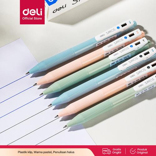 Deli Retracable Gel Pen/Pulpen Gel Pastel 0.5mm Tinta Hitam Biru EG58