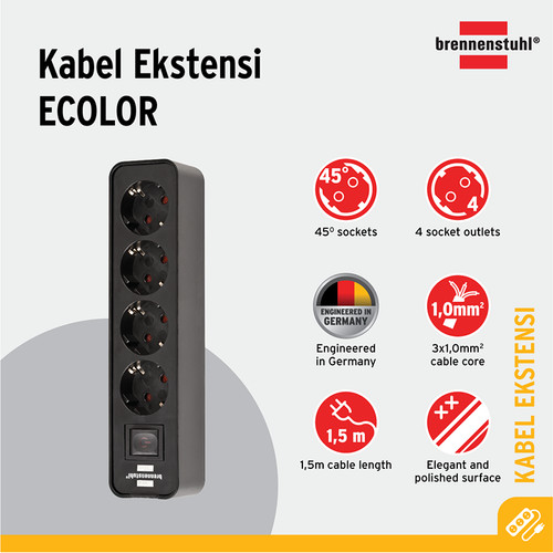 Stop Kontak Brennenstuhl Ecolor 4-Soket Hitam dengan Switch