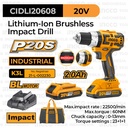 P20S Brushless Impact Drill (13mm) INGCO CIDLI20608 - Bor Tembok Beton
