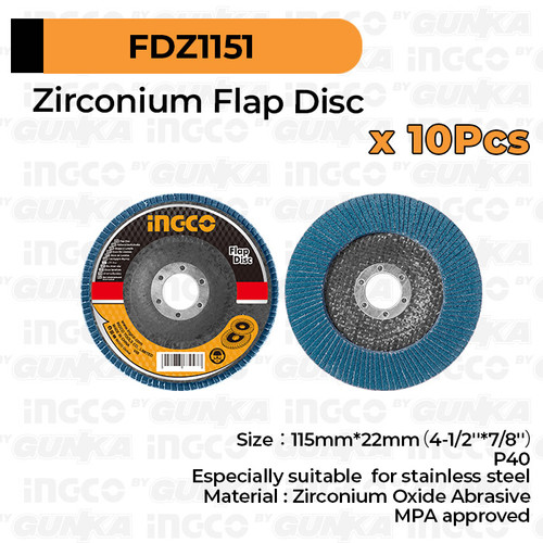 10-Pcs Zirconia Flap Disk (P40) INGCO FDZ1151 Mata Gerinda Stainless