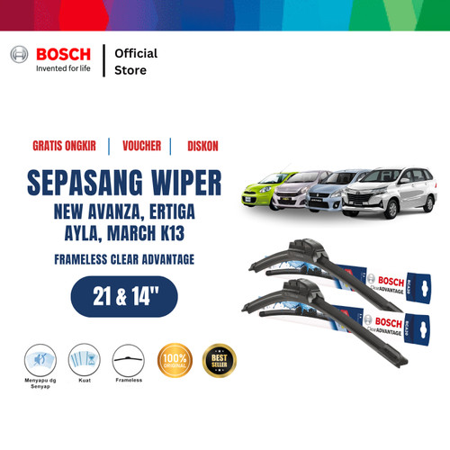 Bosch Wiper Frameless New Avanza, March K13, Ayla,Ertiga Size 21 dan 14 Inci