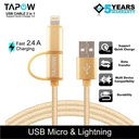 KABEL DATA FAST CHARGING 2 IN 1 MICRO USB LIGHTNING TAPOW CB065-GLD