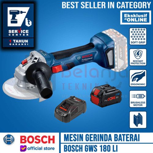 Bosch Mesin Gerinda Cordless GWS 180 LI + Set Baterai Procore 18V 8 AH