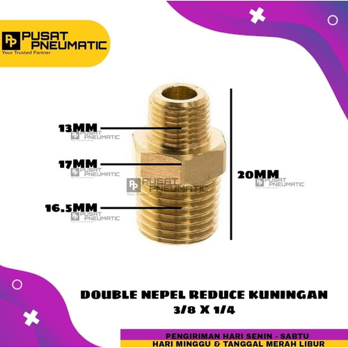 DOUBLE NEPEL REDUCE 3/8" Ke 1/4" drat Male(cowo) Male(cowo) Kuningan