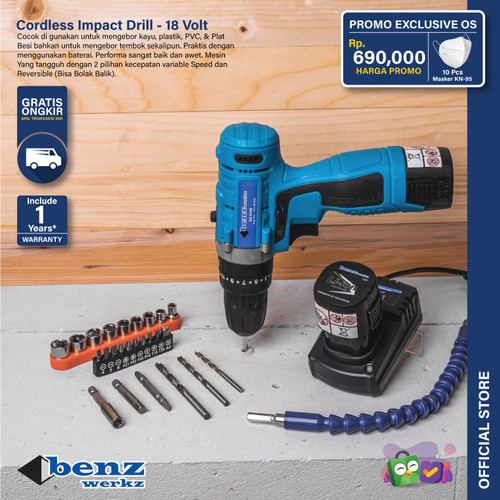 Mesin Bor Beton Tembok Baterai 18V Set 23 Pcs / Cordless Impact Drill