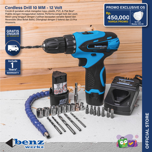 Mesin Bor Obeng Baterai 12V Set 23 Pcs / Cordless Drill Benz Werkz