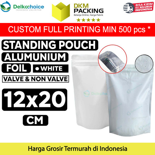 Standing Pouch 12x20cm White Full Metalize Foil Ziplock Plastik Klip