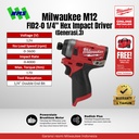 Mesin Bor Obeng Milwaukee M12 FID2-0 1/4" Hex Cordless Impact Driver 12 Volt - Generasi ke 3 Terbaru