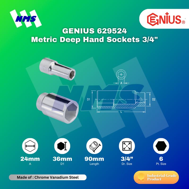Kunci Shock GENIUS 629524 Deep Hand Sockets 3/4" x 24mm 6pt. L=90mm
