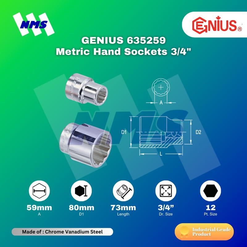 Kunci Shock GENIUS 635259 Hand Sockets 3/4" x 59mm 12pt. L=73mm