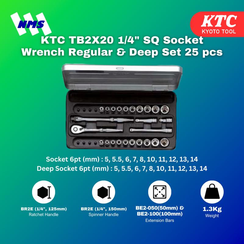Kunci Sok KTC TB2X20 1/4" SQ Socket Wrench Regular & Deep Set 25 pcs