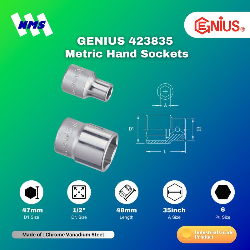 Kunci Shock GENIUS 423835 Hand Sockets 1/2" x 35mm 6pt. L=48mm