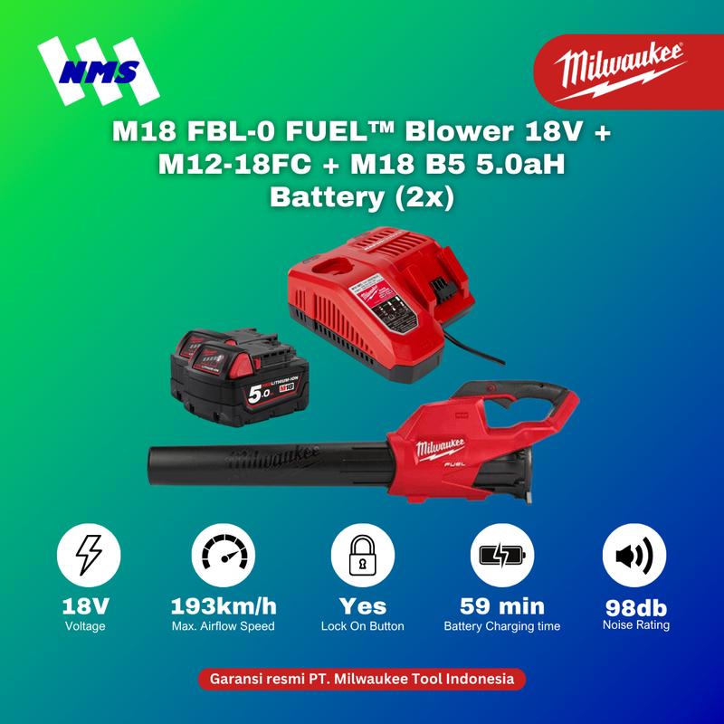 Mesin Blower Milwaukee M18 FBL-0 + 2x B5 + M12-18FC FUEL Blower 18V