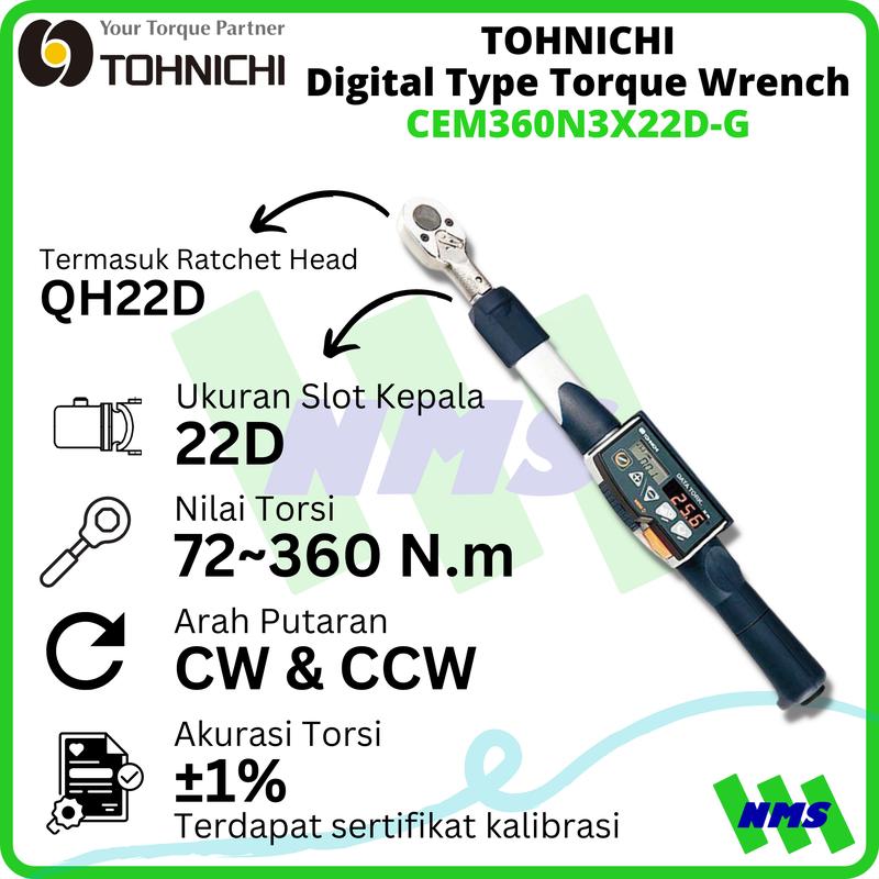 DATA TORK TOHNICHI CEM360N3X22D-G Digital Torque Wrench 72 - 360Nm