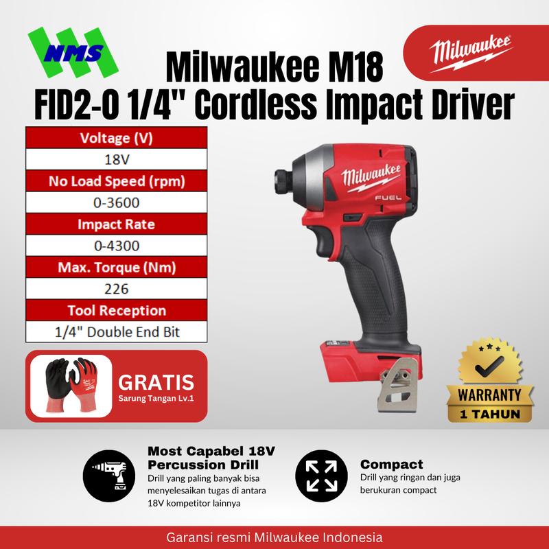 Milwaukee M18 FID2-0 Hex 1/4" Inch FUEL Cordless Impact Driver Mesin Obeng Bor
