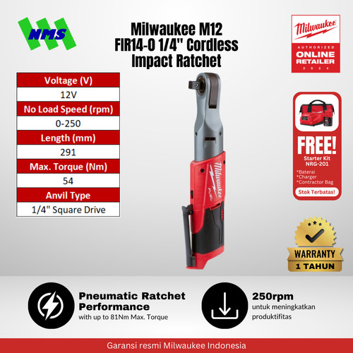 Milwaukee M12 FIR14-0 FUEL 1/4" Compact Angle Impact Ratchet 12V Mesin Pembuka Baut