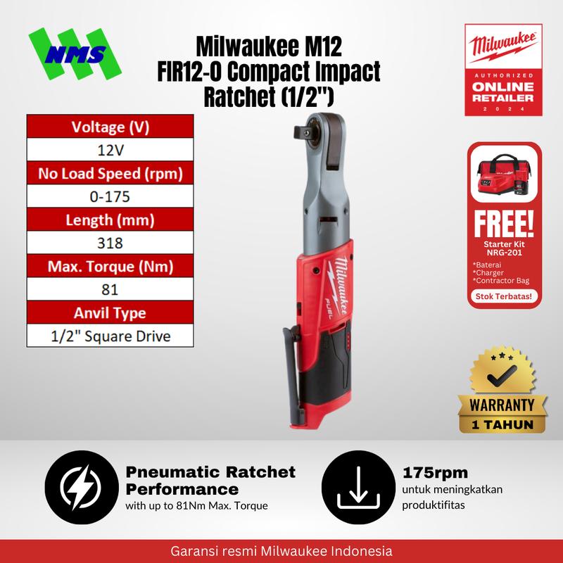 Milwaukee M12 FIR12-0 FUEL 1/2" Cordless Impact Ratchet 12V Mesin Pengencangan Baut