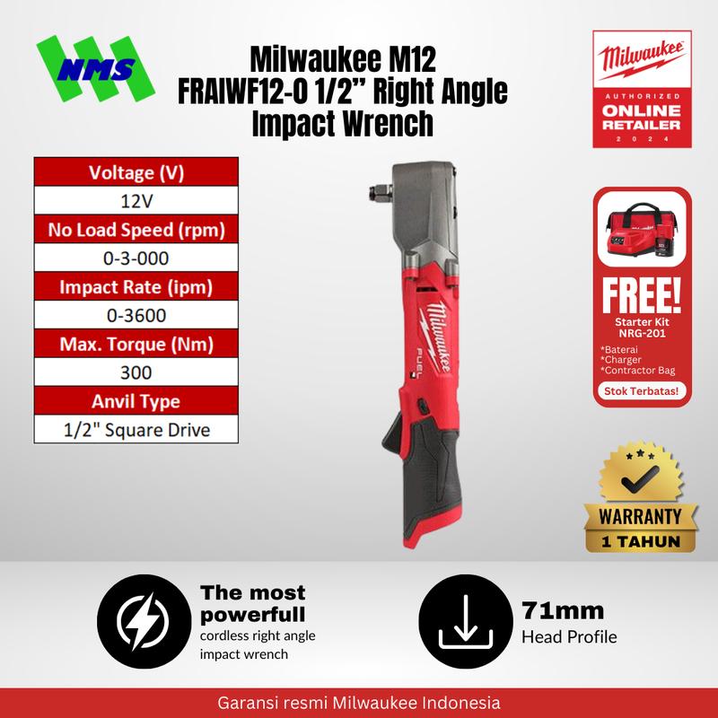 Milwaukee M12 FRAIWF12-0 FUEL 1/2" Cordless Right Angle Impact Wrench
