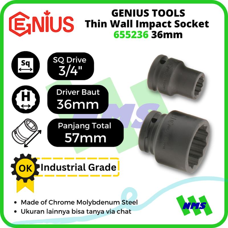 Mata Sok Metric Thin Wall Impact Sockets 3/4" 12pt. 36mm 655236 GENIUS