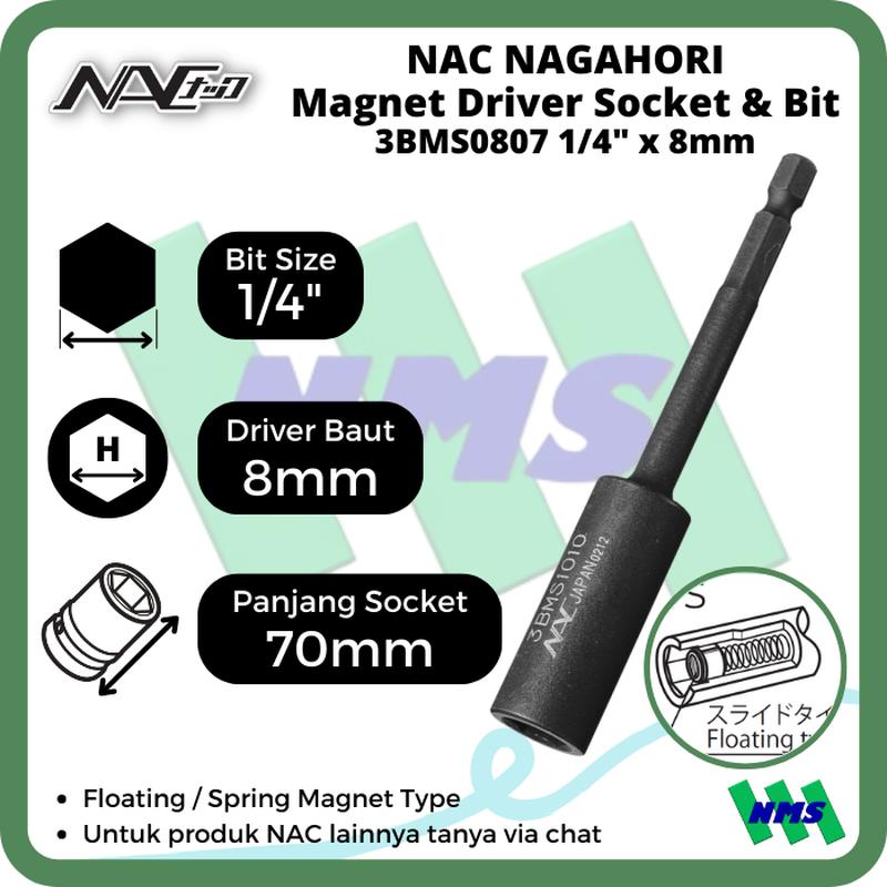 Driver Socket Magnet 8mm x L70mm Nagahori NAC 3BMS0807