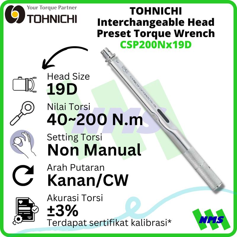 Kunci Torsi CSP200Nx19D 40-200Nm TOHNICHI Interchangeable TorqueWrench