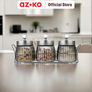 [EZO.0800219] AZKO Picas 480 ml Set 3 Pcs Stoples Kaca Crystal Dengan Rak - Silver jar tempat simpan snack dan permen setoples toples beling serbaguna perlengkapan dapur wadah makanan
