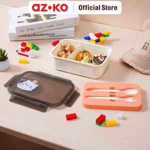 [EZO.0800251] AZKO Ataru 1.2 ltr Kotak Makan 2 Sekat Dengan Sendok & Garpu - Cokelat Muda lunch box food grade food box kotak bekal makan wadah makanan