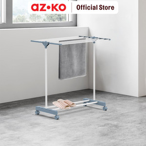 [EZO.0800678] AZKO Stora Jemuran Handuk Lipat Dengan Roda - Putih/Biru Tempat Jemur Anduk Drying Rack Gantungan Kain Lap Badan Mandi Towel Rack