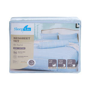 [EZO.0801048] AZKO Sleeplite Set Seprai Katun Stripe - Biru Sprei Motif Seprai Aesthetic Seprei Sheet Set Bed Sheet Aksesoris Tempat Tidur Set Sarung Bantal Sarung Guling