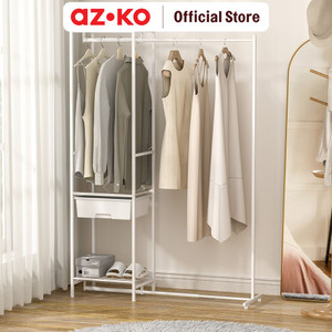 [EZO.0801454] AZKO Stora Gantungan Pakaian Retrackable Dengan Laci - Putih Stand Hanger Gantungan Baju Berdiri Clothes Organizer Standing Clothing Rack