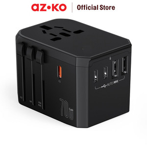 [EZO.0801475] AZKO Krisbow Travel Adaptor 2 Usb A & 3 Usb C 70 Watt Gan Qc Konektor Perangkat Elektronik Adapter Usb A Usb C Aksesoris Gadget Converter