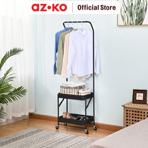 [EZO.0802066] AZKO Stora Gantungan Pakaian Dengan Keranjang Lipat - Hitam Stand Hanger Gantungan Baju Berdiri Clothes Organizer Standing Clothing Rack