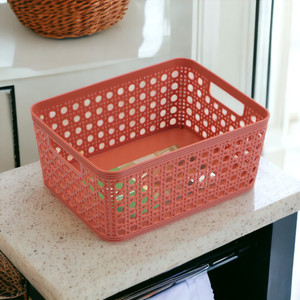 [EZO.0802703] AZKO Stora Keranjang Penyimpanan Plastik Rattan Handle Storage Basket Kotak Penyimpanan Serbaguna Bin Organizer Tempat Simpan Barang - Cokelat, M