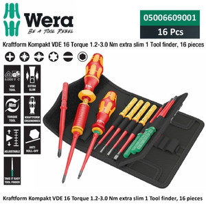 [05006609001] Obeng Torsi VDE Set Wera 05006609001 Torque 1.2-3.0 Nm Extra Slim 1 Tool Finder, 16 Pcs
