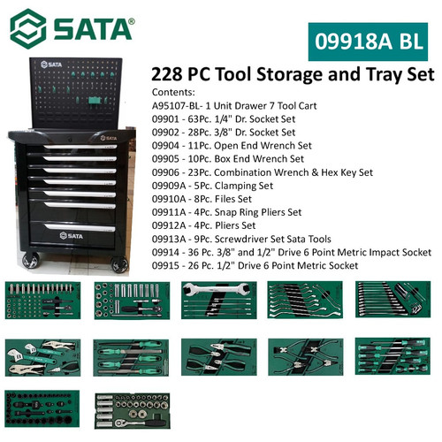 [09918A-BL] Tool Kit Set 228 Pcs 09918A-BL 7 Drawer Tool Trolley Tray Set Sata Tools