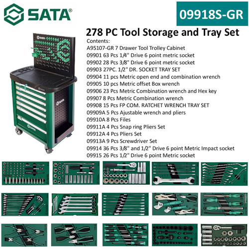 [09918S] Tool Kit Set 278 Pcs 09918S-GR 7 Drawer Tool Trolley Tray Set Sata Tools