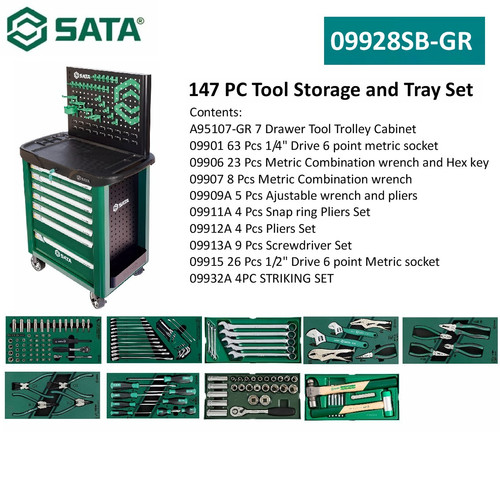 [09928SB-GR] Tool Kit Set 147 Pcs 7 Drawer Tool Trolley Set 09928SB-GR Sata Tools