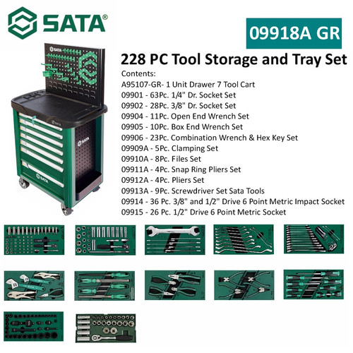 [09918A] Tool Kit Set 228 Pcs 09918A-GR 7 Drawer Tool Trolley Tray Set Sata Tools