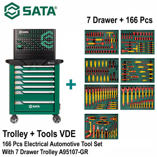 [A95107] Tool Kit Set VDE 167 Pcs A95107-GR+VDE Tools Electrical Automotive Tool Set (With 7 Drawer Trolley) Sata Tools