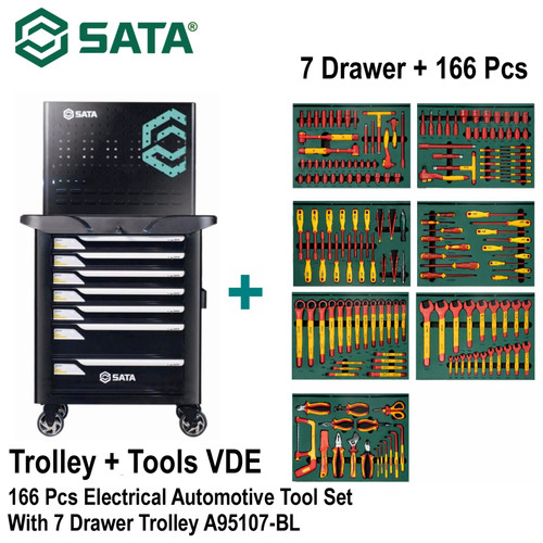 [A95107] Tool Kit Set VDE 167 Pcs A95107-BL+VDE Tools Electrical Automotive Tool Set (With 7 Drawer Trolley) Sata Tools