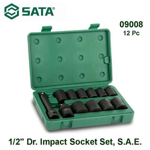 [9008] Kunci Shock Mata Sok 12 Pc Inch 09008 1/2" Dr. Impact Socket Set, S.A.E. Sata Tools