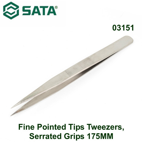 [3151] Pinset 175 mm 03151 Fine Pointed Tips Tweezers, Serrated Grips 175 mm Sata Tools